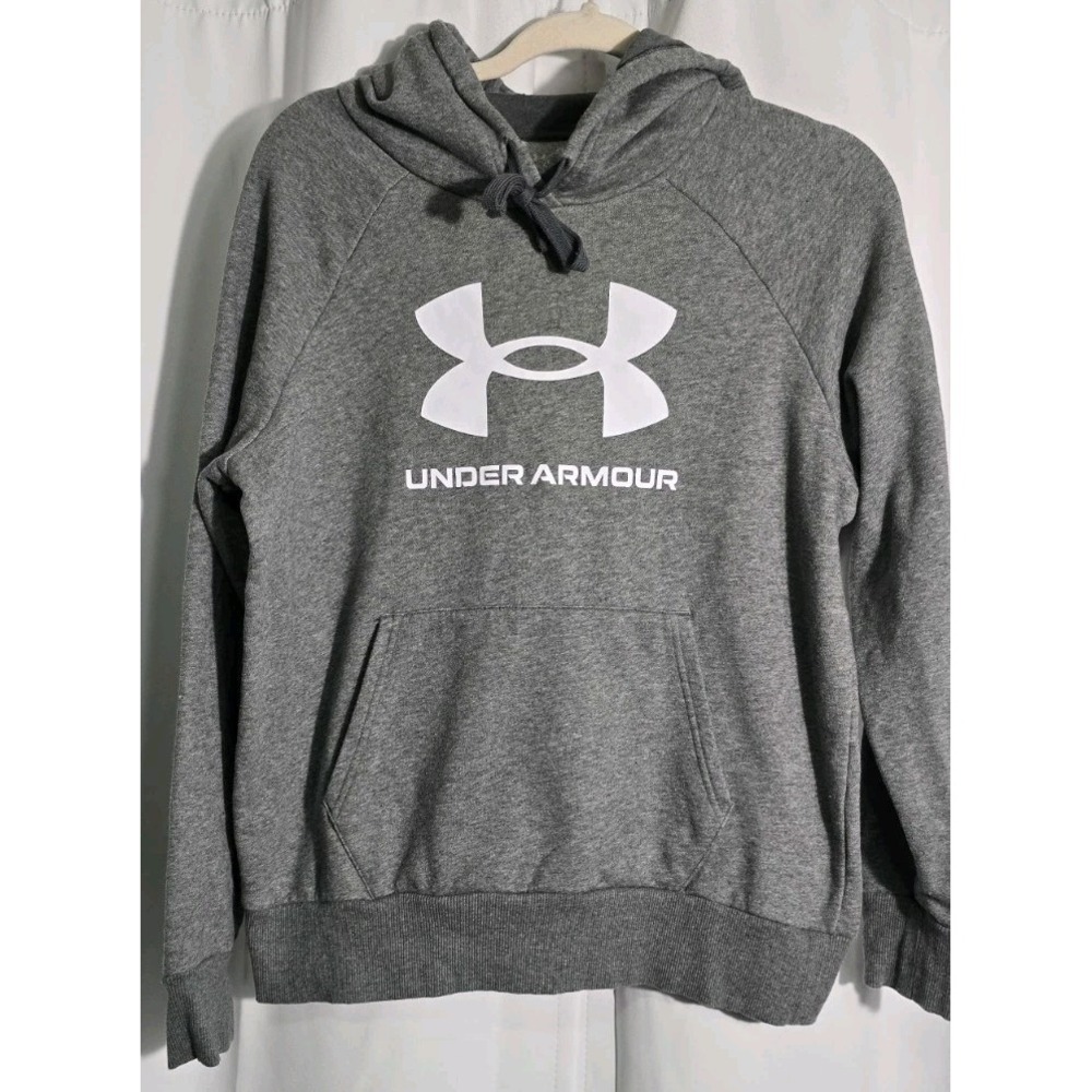 Under‎ Armour Hoodie Womens Small Petite Gray Black UA Logo Pullover Sweatshirt